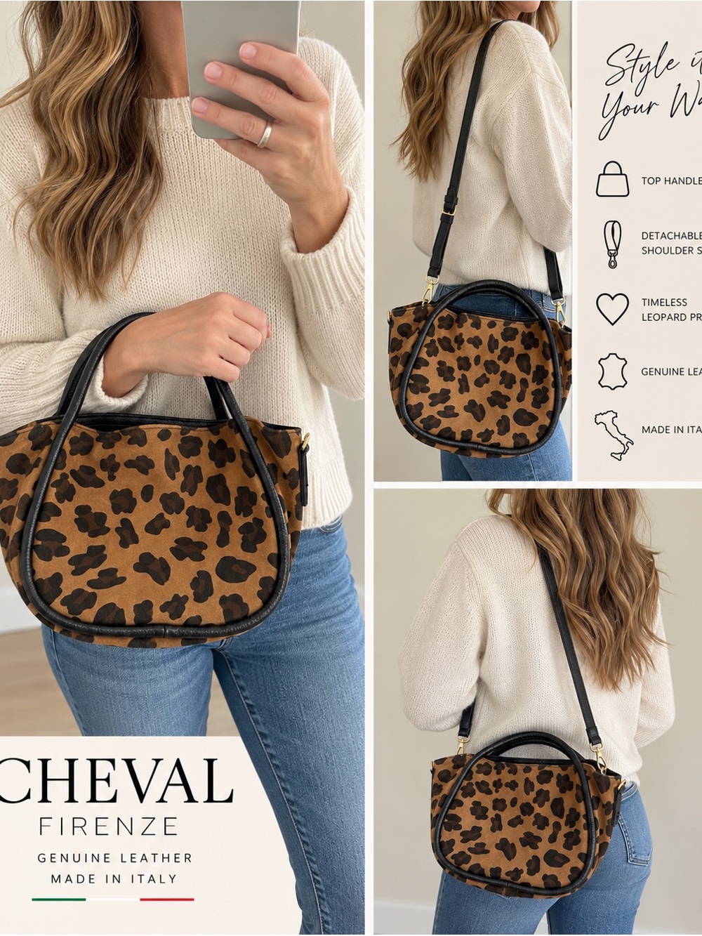 Cheval Firenze Italy Leopard Suede Leather Satchel Crossbody Handbag